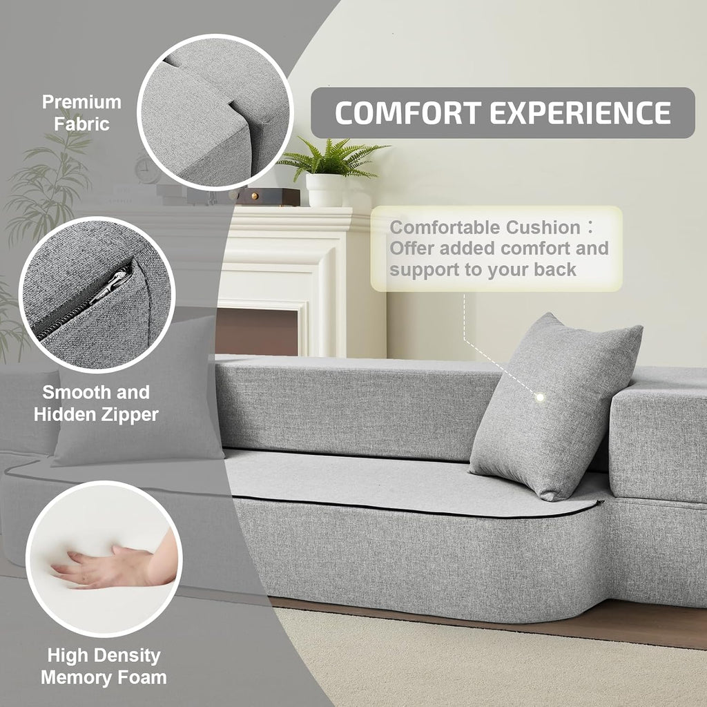 SUYOLS 2-in-1 Folding Sofa Bed with Pillows - Folding Chair Floor Couch & Sleeping Mattress - Washable Cover & Memory Foam Sleeper Chair for Living Room/Guest Room/Apartment/Loft, Light Gray, Twin XL