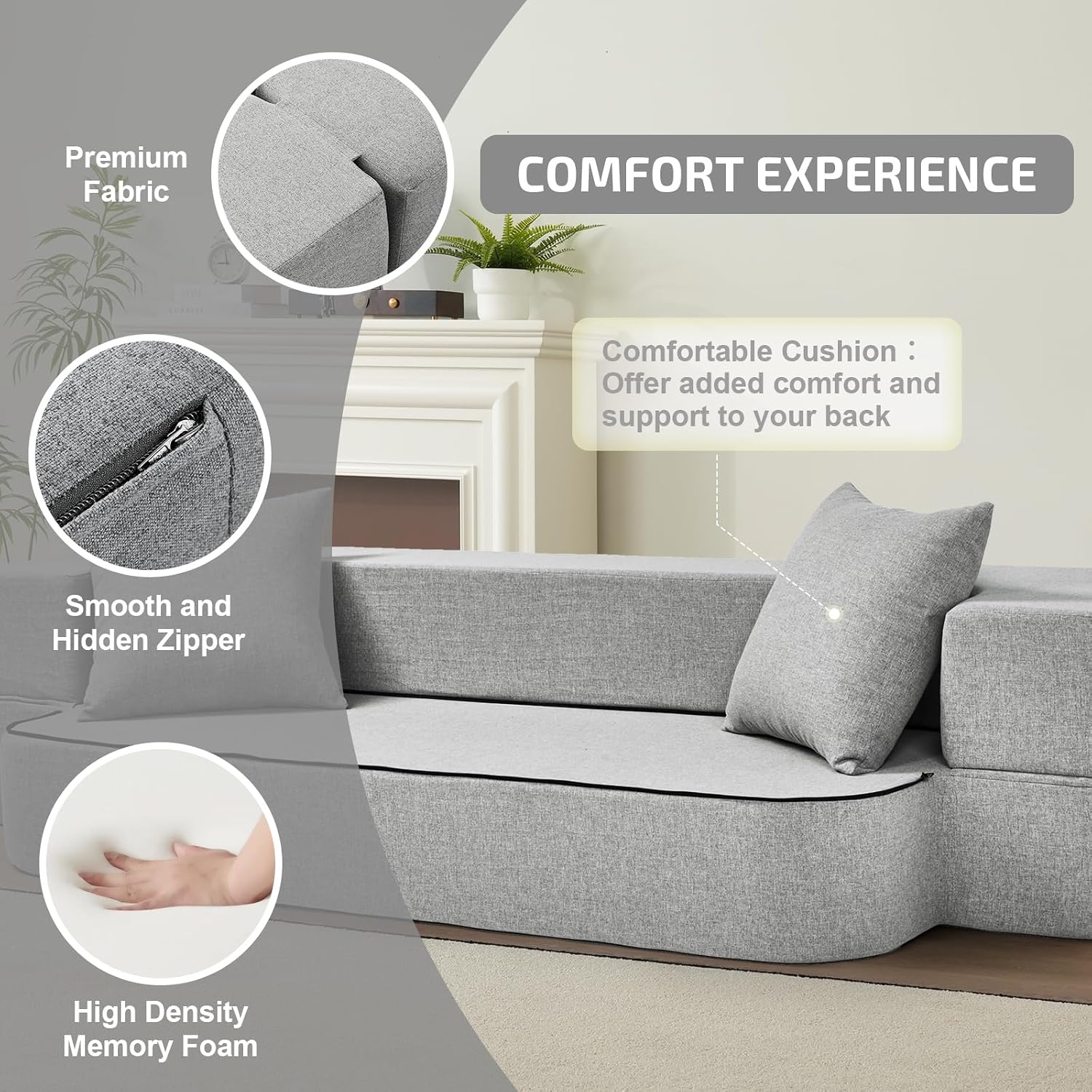 SUYOLS 2-in-1 Folding Sofa Bed with Pillows - Folding Chair Floor Couch & Sleeping Mattress - Washable Cover & Memory Foam Sleeper Chair for Living Room/Guest Room/Apartment/Loft, Light Gray, Twin XL