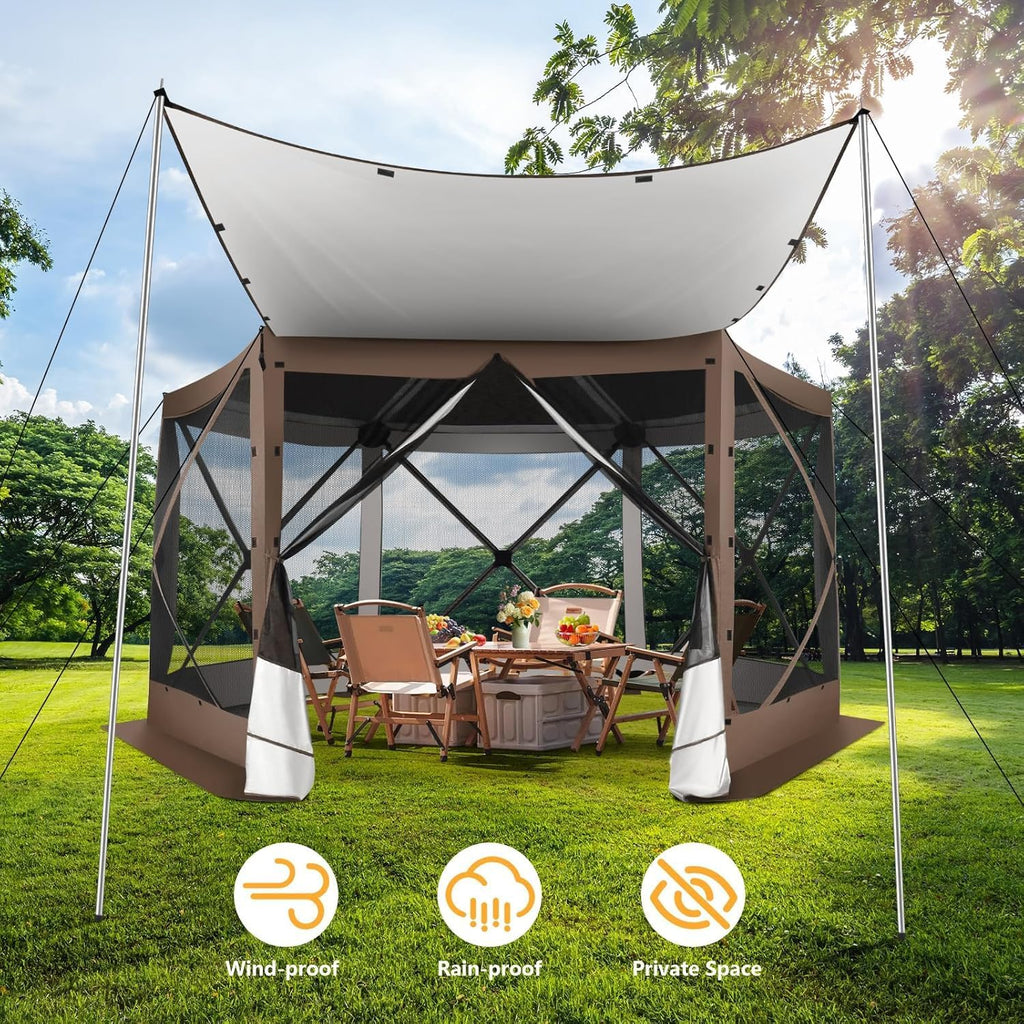 COBIZI Pop Up Gazebo Screen Tent Screen House for Camping, 12x12 Screen Room with Mosquito Netting, Hub Tent Instant Screened Canopy with Carrying Bag and Ground Stakes, Brown