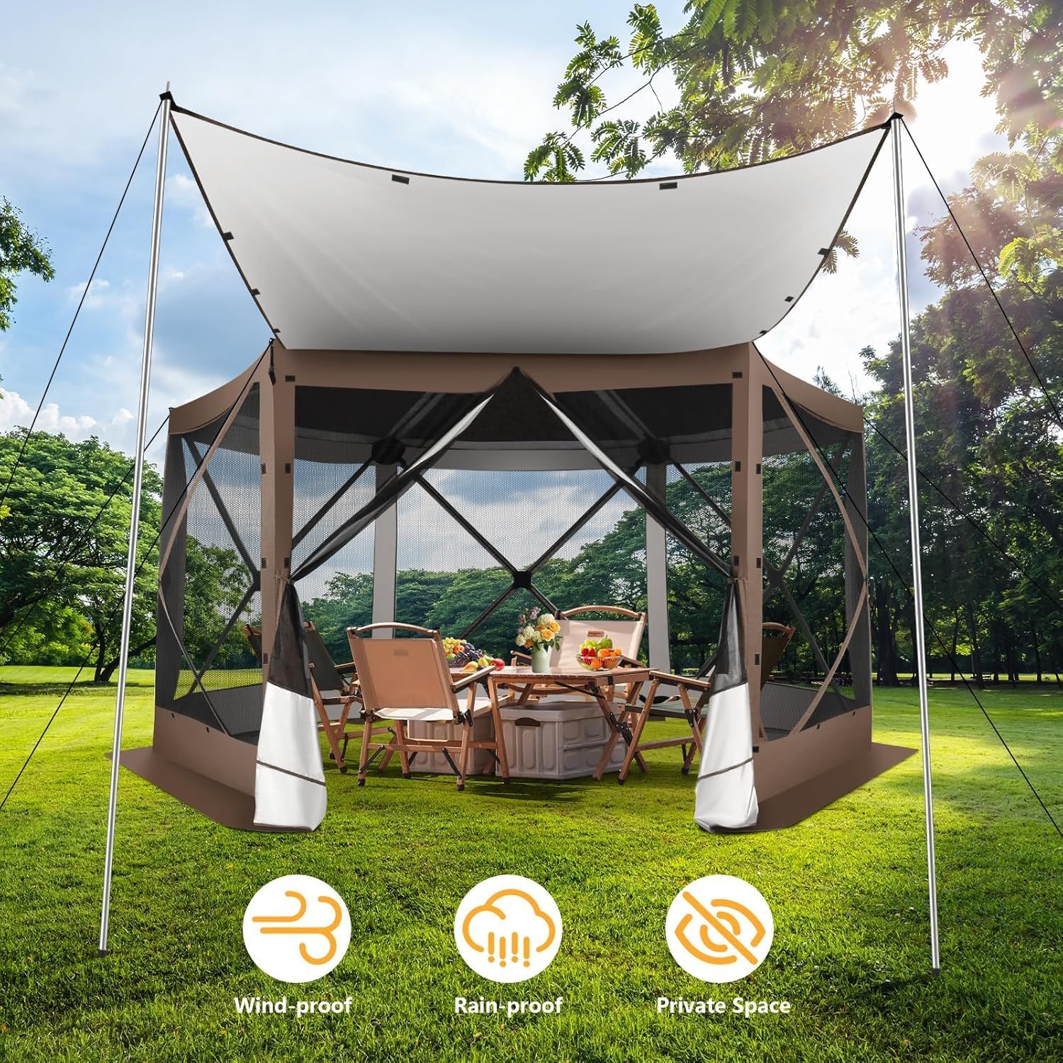 COBIZI Pop Up Gazebo Screen Tent Screen House for Camping, 12x12 Screen Room with Mosquito Netting, Hub Tent Instant Screened Canopy with Carrying Bag and Ground Stakes, Brown