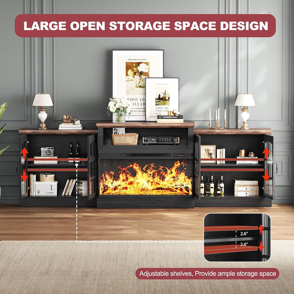 97' Fireplace TV Stand with 36' Electric Fireplace, Farmhouse Entertainment Center for TVs up to 100', Media Console Table with Large Storage Cabinets, for Living Room, Black