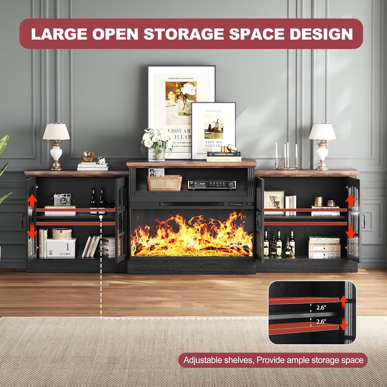 97' Fireplace TV Stand with 36' Electric Fireplace, Farmhouse Entertainment Center for TVs up to 100', Media Console Table with Large Storage Cabinets, for Living Room, Black