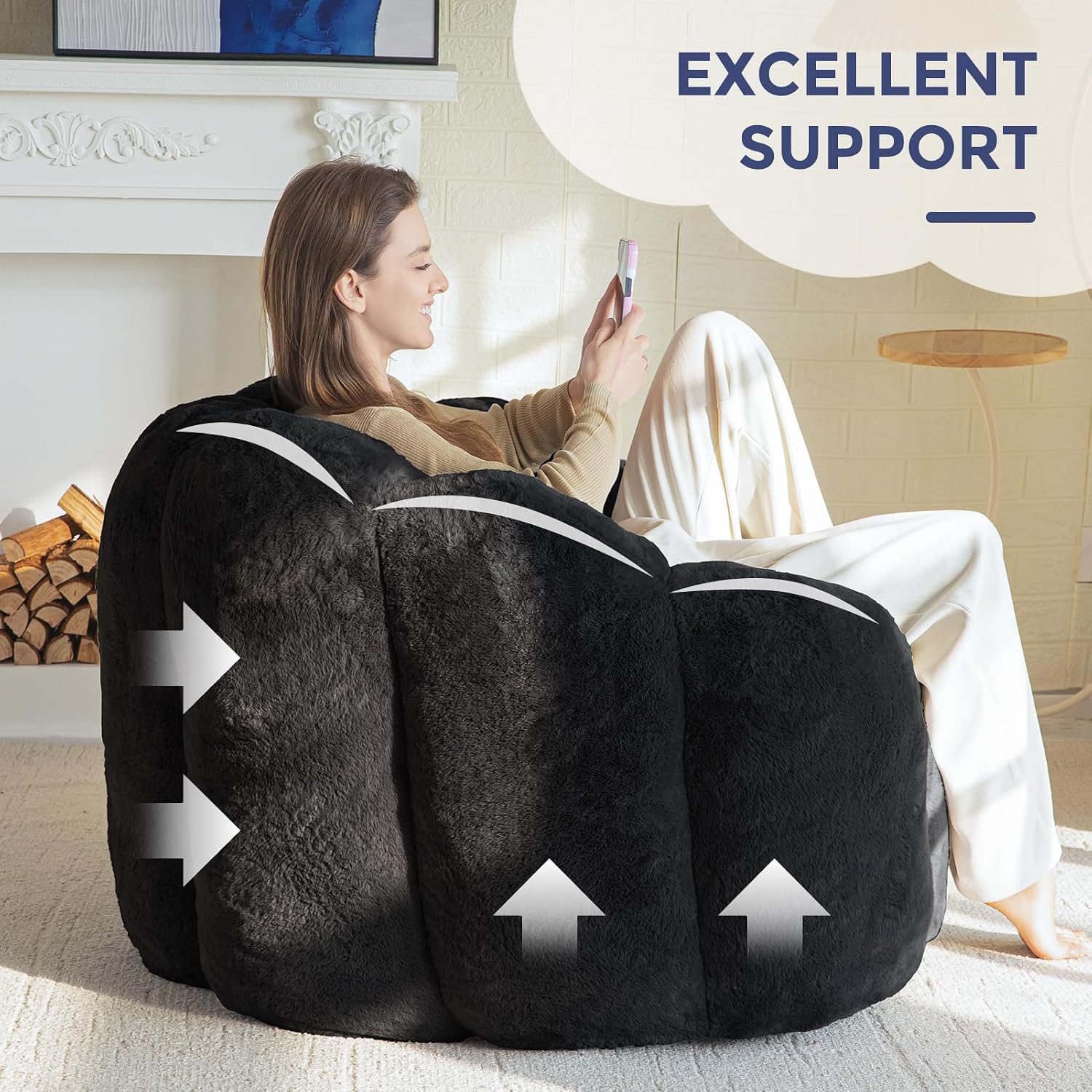 MAXYOYO Bean Bag Chair for Adults, Floral Shaped Bean Bag Sofa, Ultra Soft Faux Fur Floor Sofa, Large Reading Chair for Living Room Bedroom, Black, Single