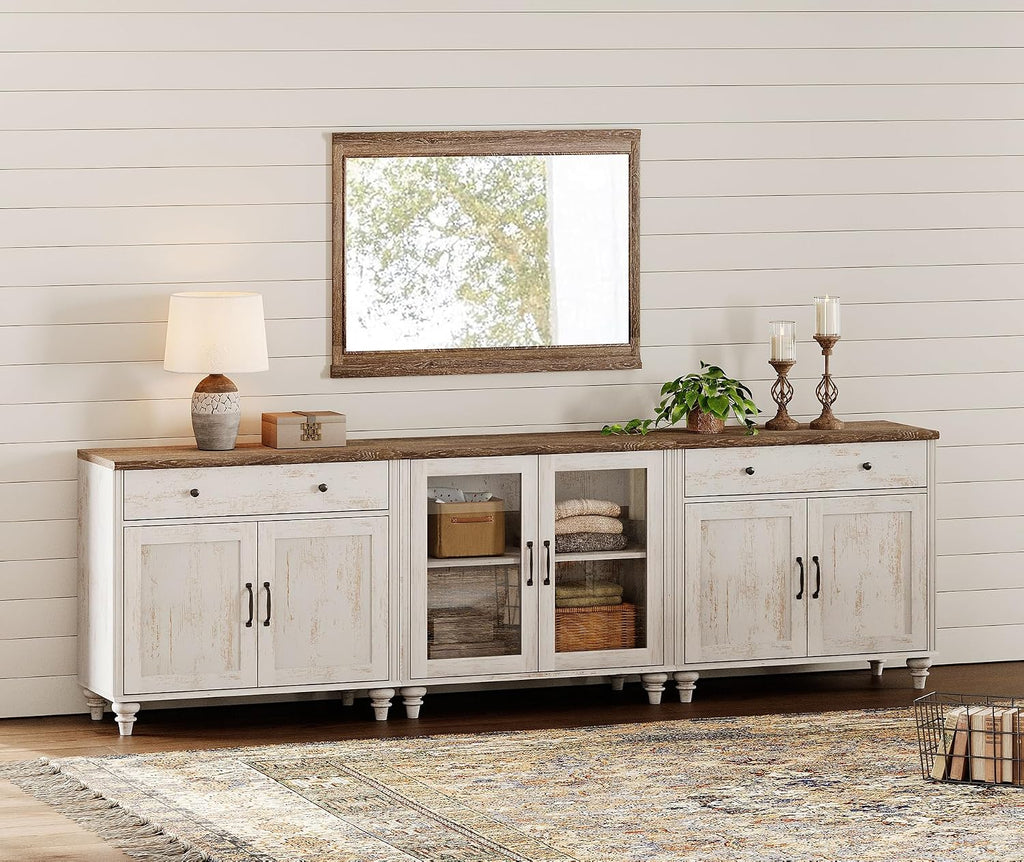 WAMPAT Farmhouse TV Stand for 100 Inch TV, 3-in-1 TV Console Table for 75/80/85/90 Inch TV, Entertainment Center with Glass & Wood Door, Kitchen Sideboard Buffet Cabinet for Living Room, Rustic White