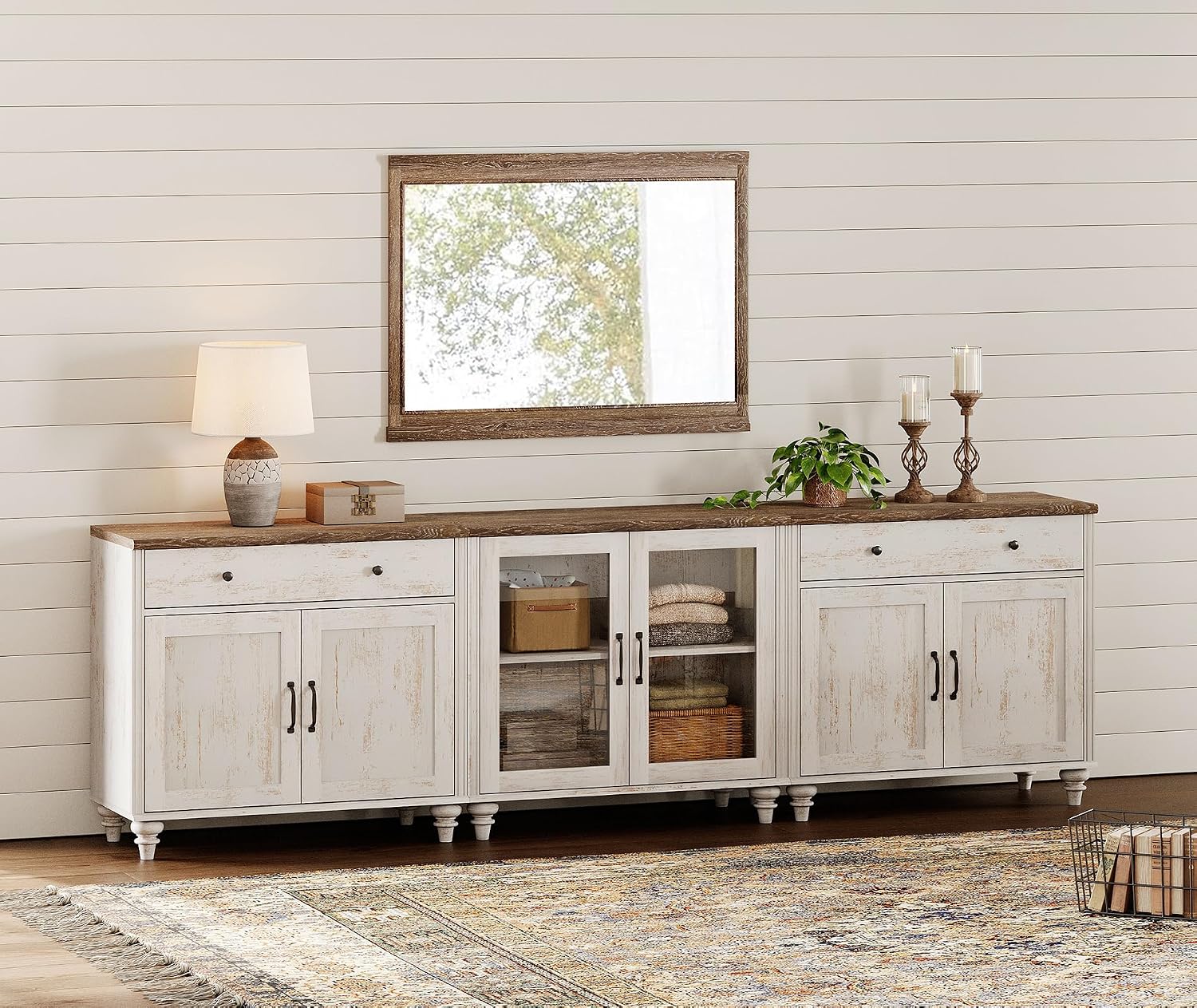 WAMPAT Farmhouse TV Stand for 100 Inch TV, 3-in-1 TV Console Table for 75/80/85/90 Inch TV, Entertainment Center with Glass & Wood Door, Kitchen Sideboard Buffet Cabinet for Living Room, Rustic White