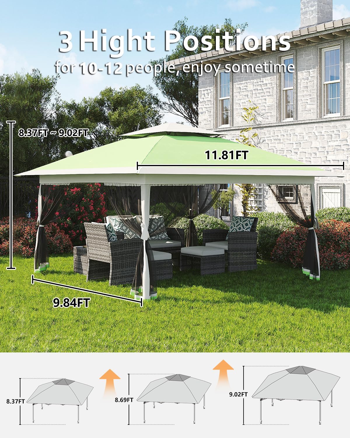 12x12 Canopy Tent, Pop Up Gazebo with Mosquito Netting, Outdoor Gazebo with 4 Sandbags & Wheeled Bag, pop up Canopy for Backyard & Patio Furniture, Patio, Deck