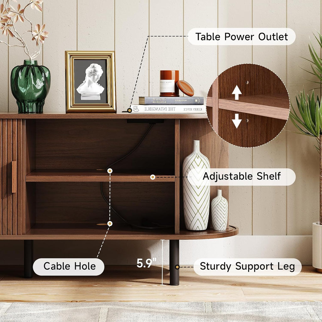 ONBRILL 63' TV Stand with Power Outlet for TVs up to 70 Inch, Entertainment Center with Storage and Adjustable Shelves, Modern Media Console with Sliding Doors for Living Room, Walnut