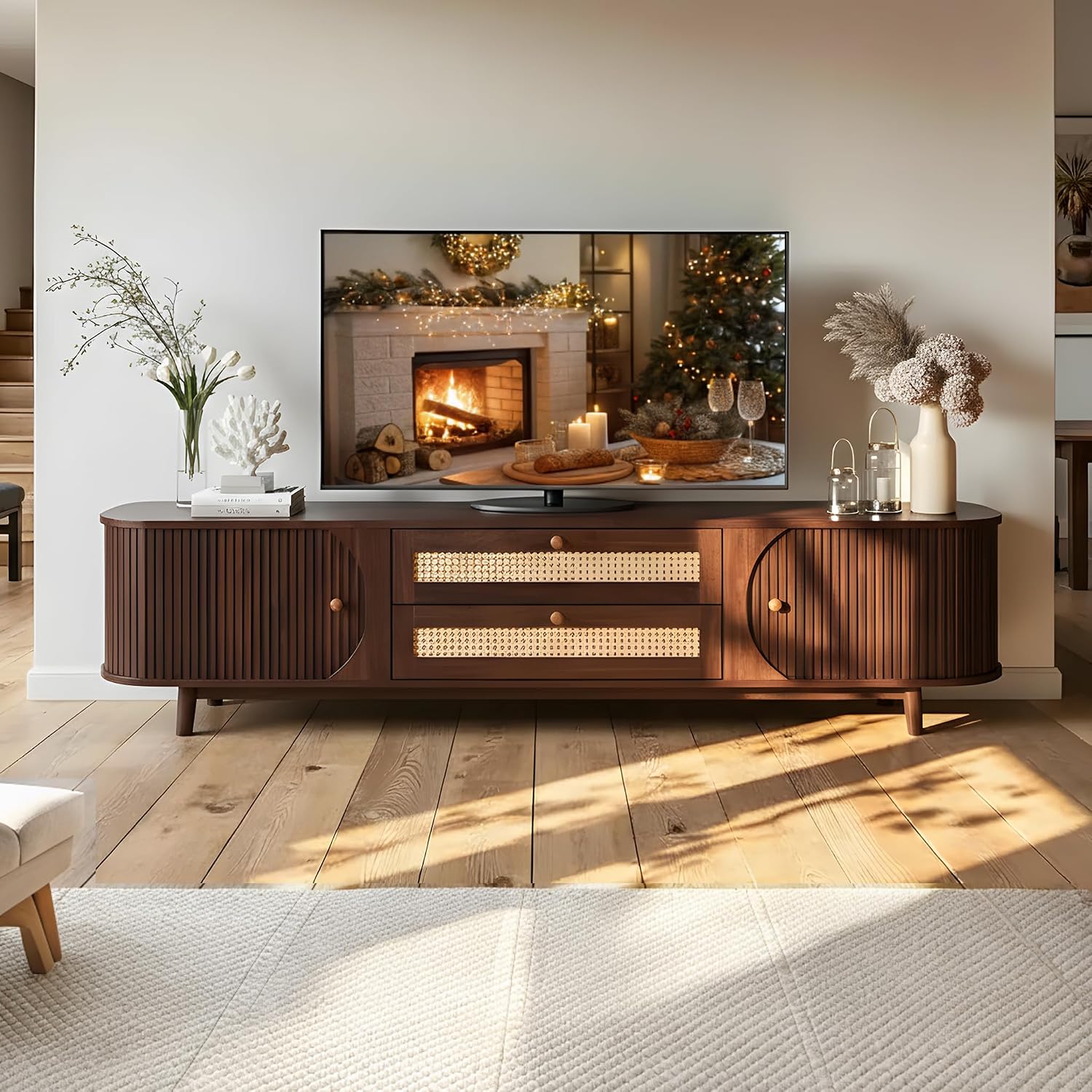 Merax Modern Fluted TV Stand for 75' TVs, Mid-Century Entertainment Center Tambour Door Media Console TV Cabinet with Rattan-Front Drawer for Living Room, Curved Profile Design