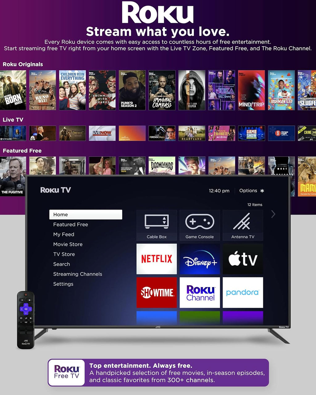 JVC 32-Inch 720p HD LED Roku Smart TV with Voice Control App, Airplay, Screen Casting, & 300+ Free Streaming Channels (LT32MAW2)