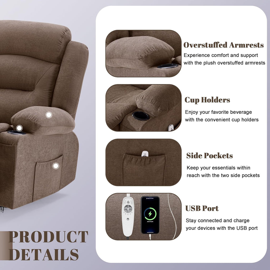 Oversized Recliner Sofa with Massage and Heat, Large Big 3-Seater RV Recliner Couch Sofa for Living Room, Wall-Hugger Reclining Sofa with Cup Holders and USB Port (Fabric, Brown)