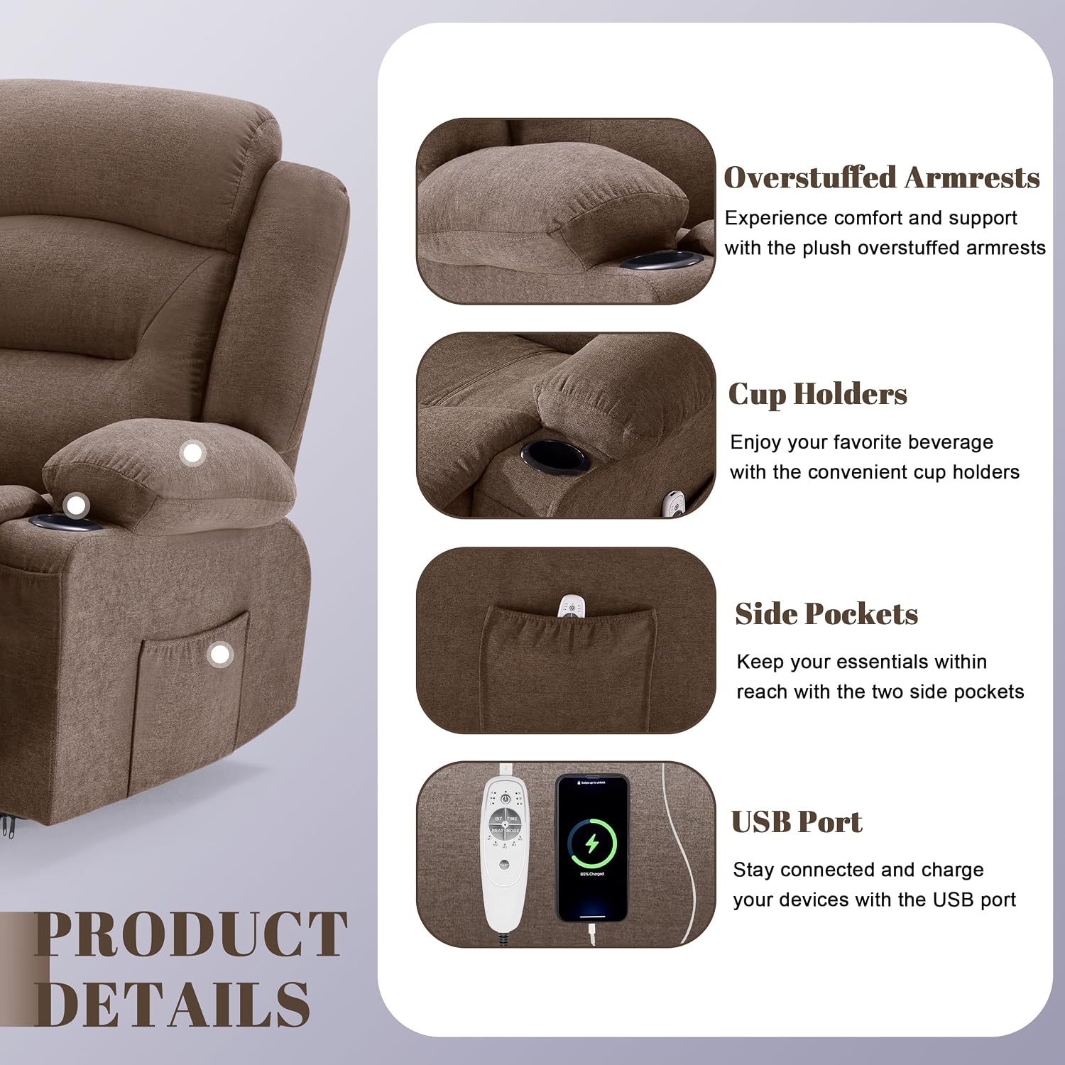 Oversized Recliner Sofa with Massage and Heat, Large Big 3-Seater RV Recliner Couch Sofa for Living Room, Wall-Hugger Reclining Sofa with Cup Holders and USB Port (Fabric, Brown)
