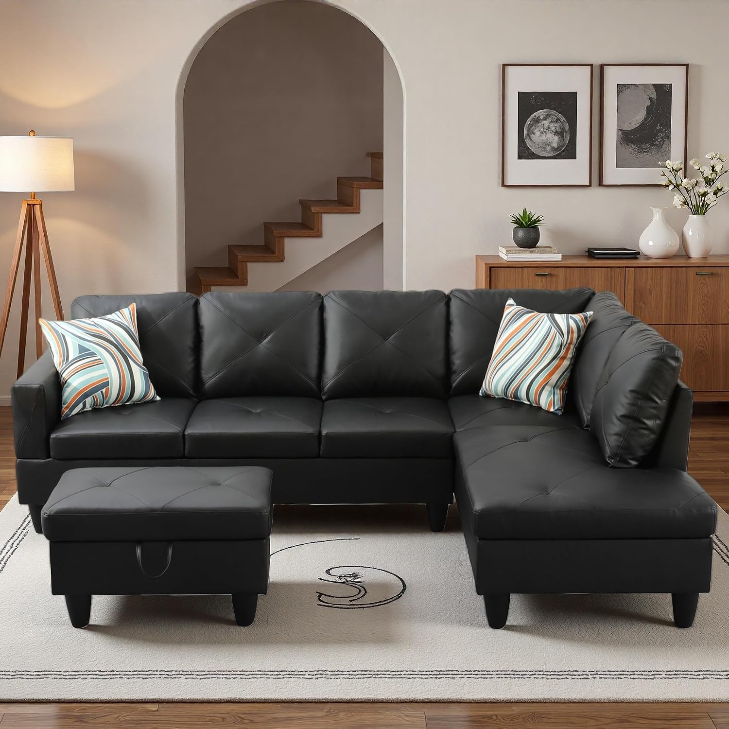 97.5' L Shaped Couch Set, Modular Sectional Couches for Living Room with Storage Ottoman, 4 Seat Home Sofa Living Room Furniture Sets with Chaise for Apartment Office (Faux Leather, Black)