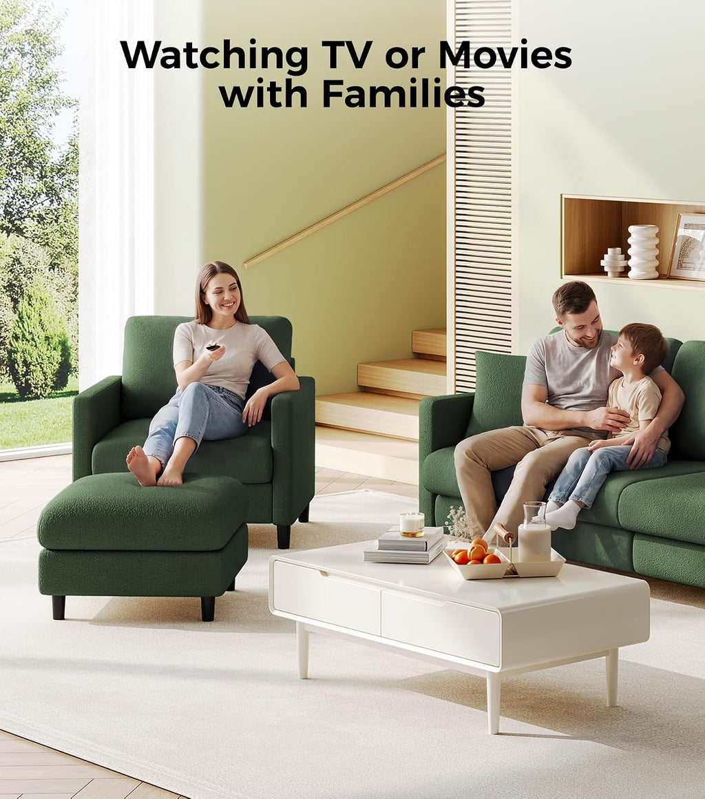 Welzona Sofa Accent Chair with Ottoman, 33' Reading Chair and Ottoman Set for Bedroom, Tool-Free Setup Living Room Accent Chairs, Comfy Arm Chairs Living Room, All-Wood Reading Nook, Green