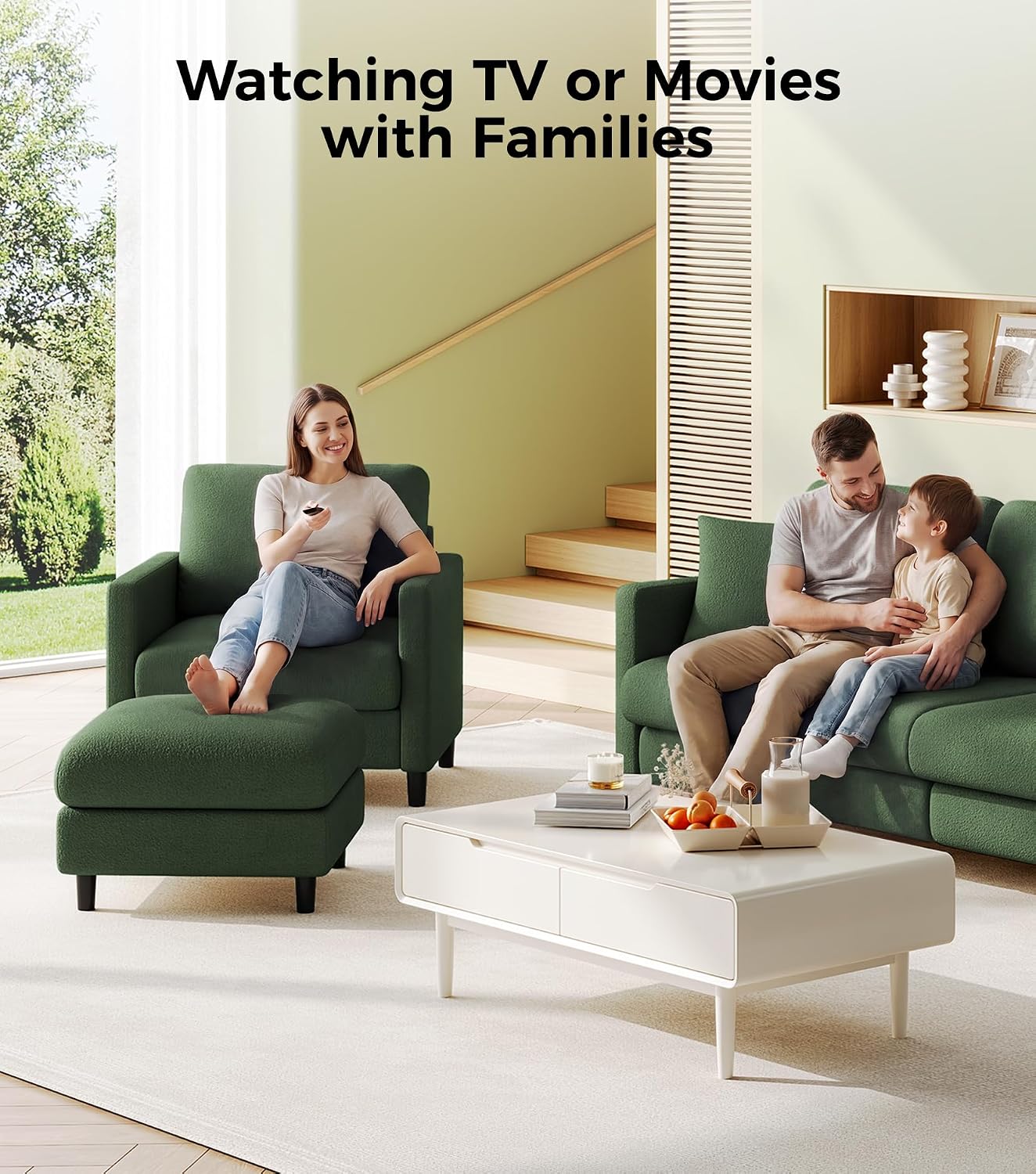 Welzona Sofa Accent Chair with Ottoman, 33' Reading Chair and Ottoman Set for Bedroom, Tool-Free Setup Living Room Accent Chairs, Comfy Arm Chairs Living Room, All-Wood Reading Nook, Green