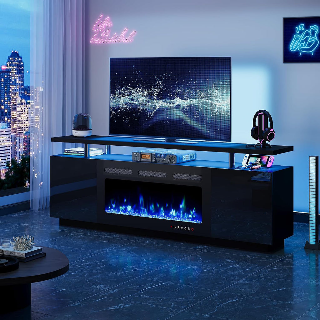 EROMMY 70'' Fireplace TV Stand with 36'' Electric Fireplace, Entertainment Center with 12 Flame Fireplace Insert Heater and 16 Color Led Lights, TV Console for TVs up to 80'' for Living Room, Black