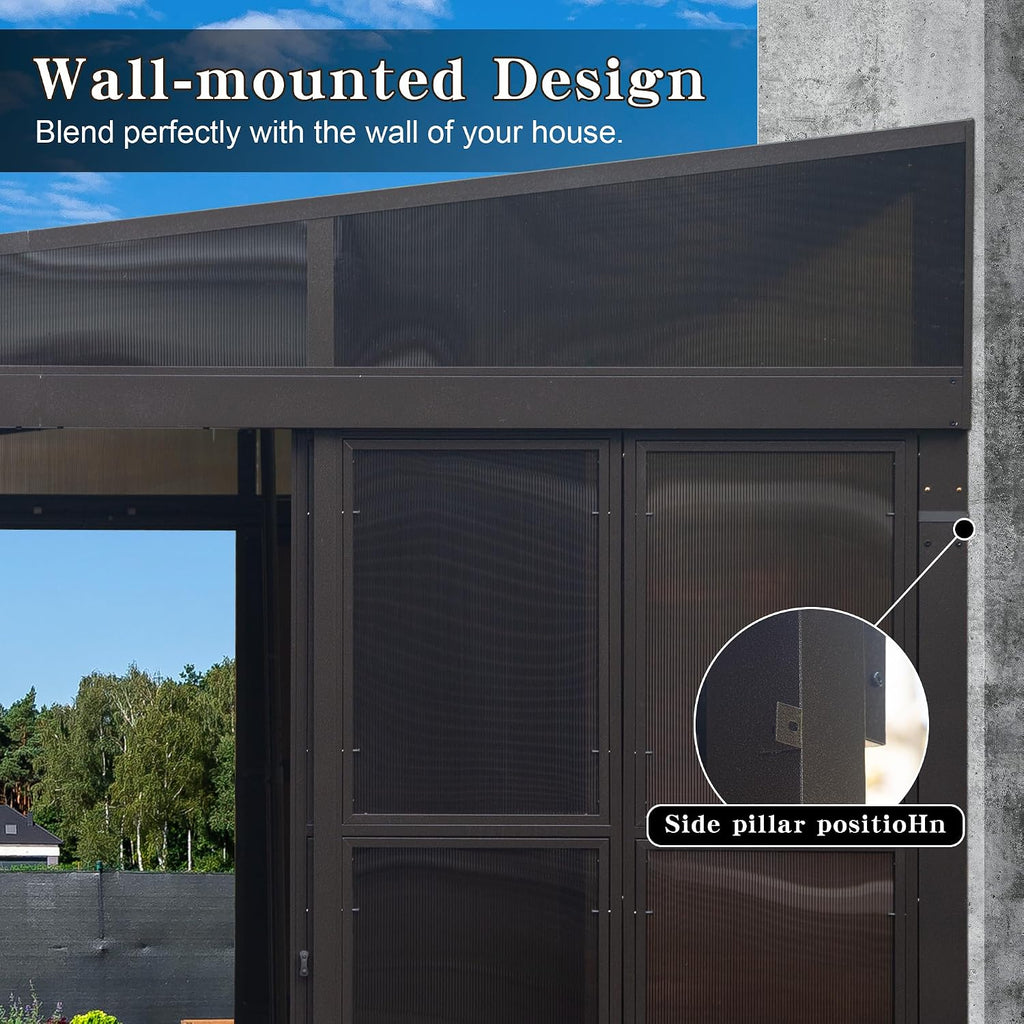 Domi 12x20FT Sun Room, Wall Mounted Gazebo Solarium with Galvanized Steel Sloping Roof, Moveable PC Screen, Front Door & 2 Side Entrance, Outdoor Aluminum Lean-to Sunroom for Patio Deck