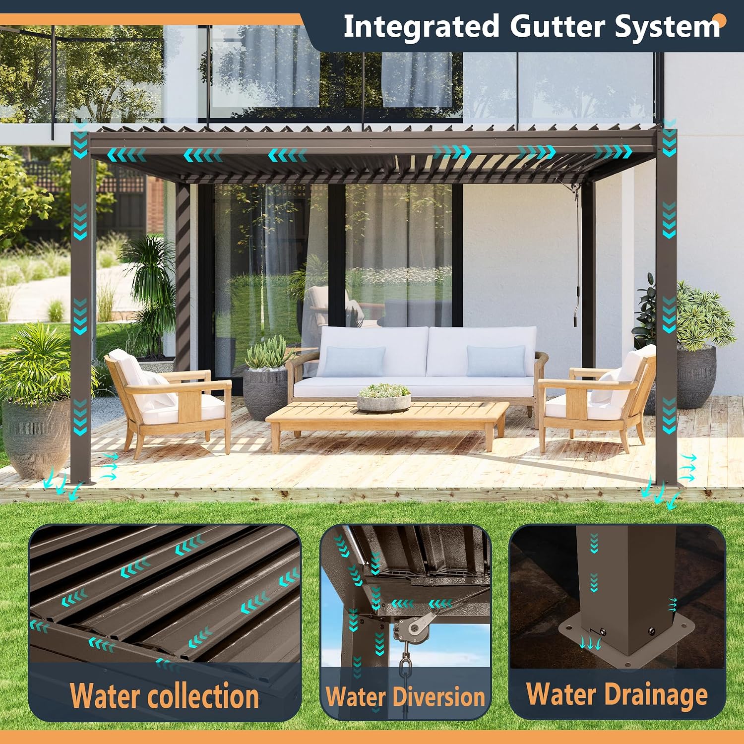Domi Outdoor Louvered Pergola 10x13FT with Adjustable Steel Roof, Outdoor Aluminum Frame Rainproof Pergola for Backyard, Garden and Lawn,Brown
