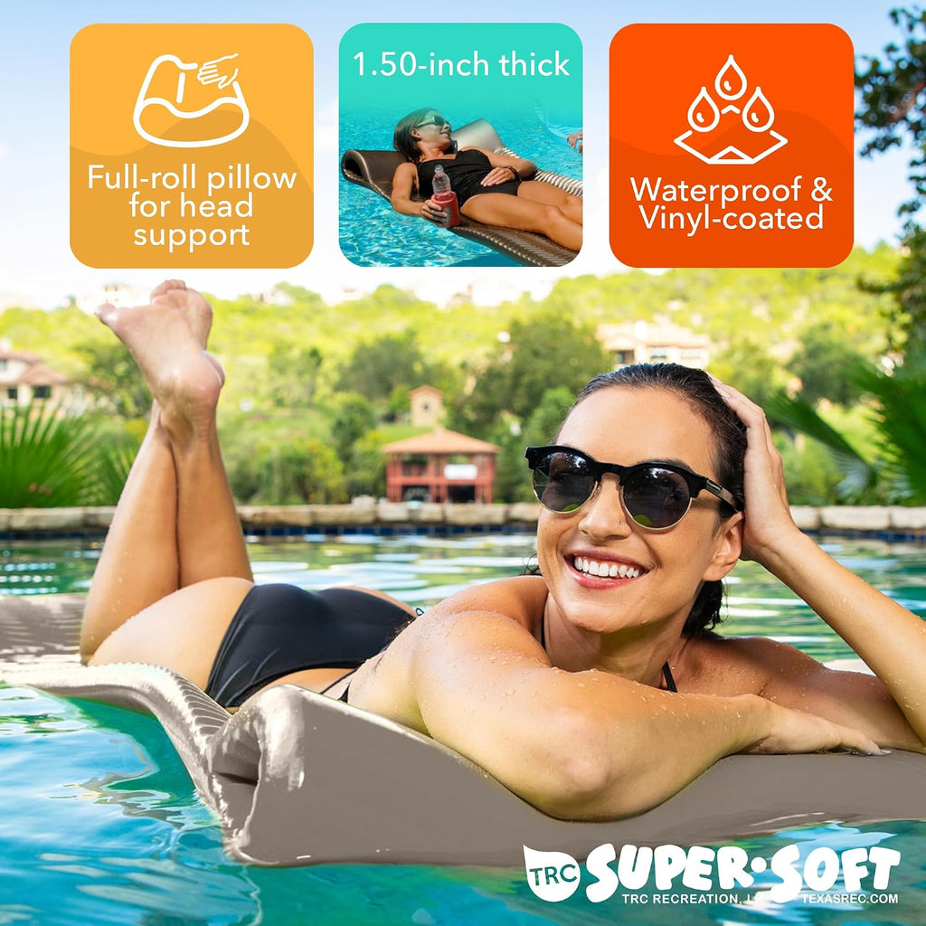 TRC Recreation Serenity 1.5' Thick Vinyl Coated Foam Swimming Pool Float Mat Adult Lounger with Built-in Roll Pillow