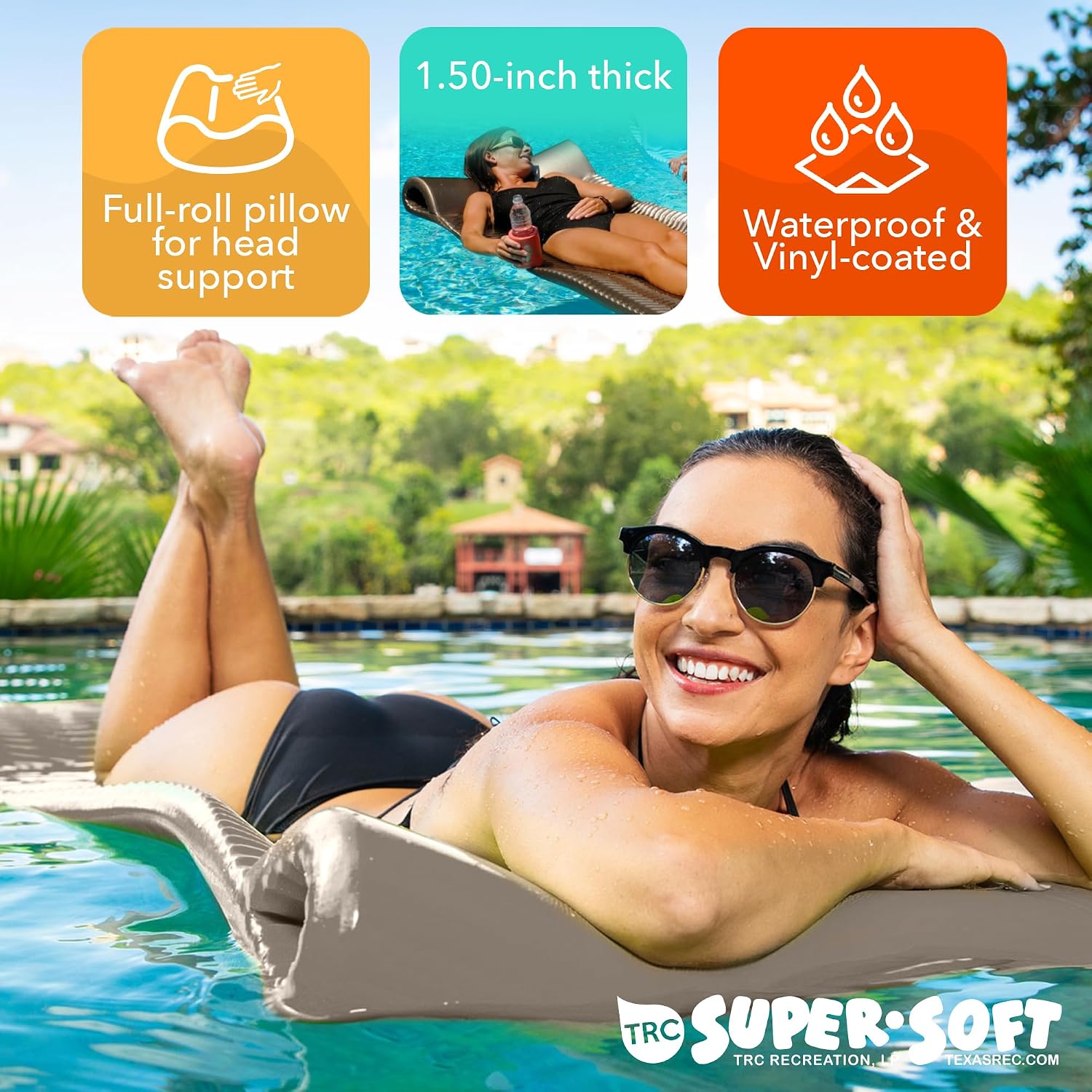 TRC Recreation Serenity 1.5' Thick Vinyl Coated Foam Swimming Pool Float Mat Adult Lounger with Built-in Roll Pillow