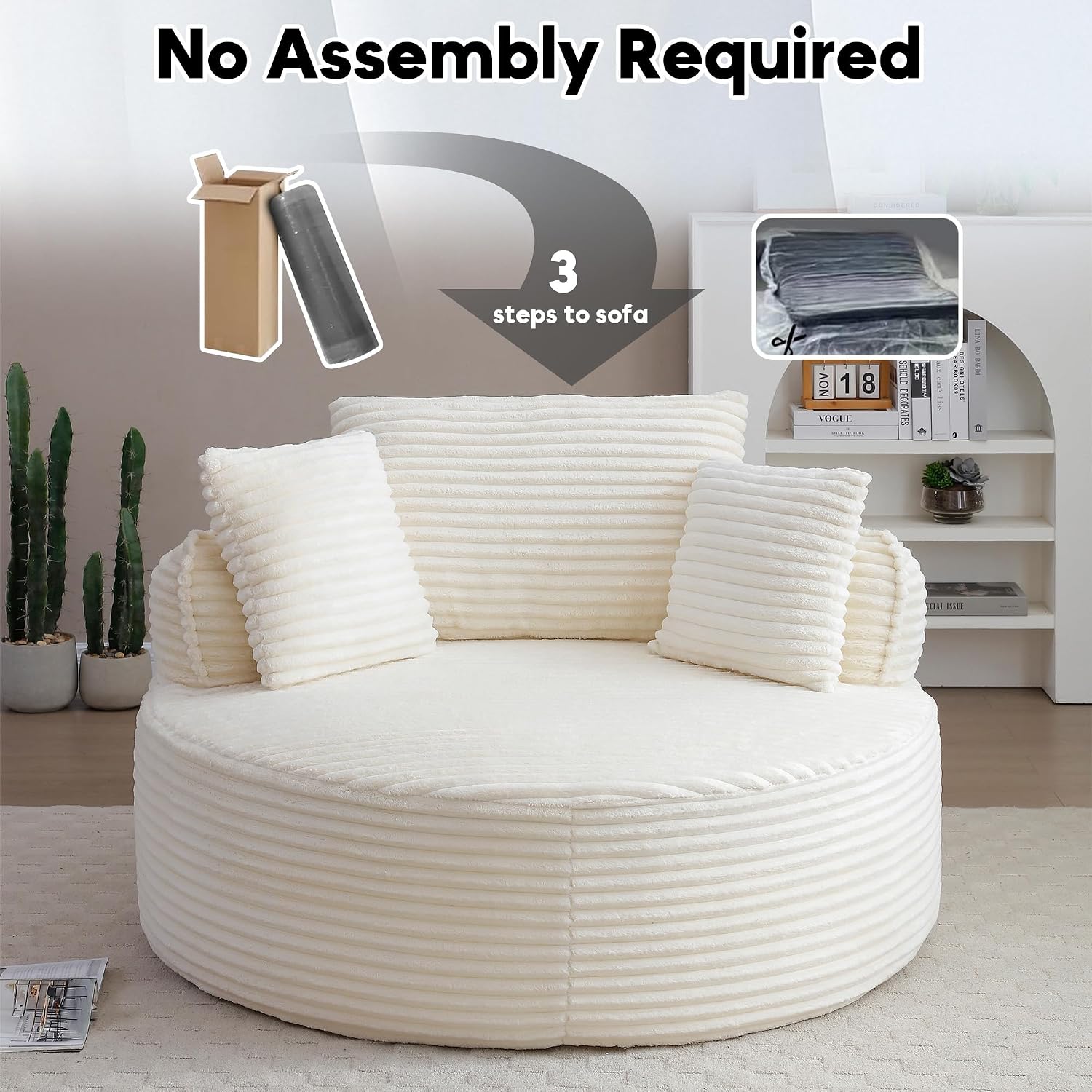 Oversized Round Chair Lounge Chaise Indoor, 53.5' Upholstered Corduroy Deep Seat Single Cloud Sofa Chair, Fluffy Modern Large Circle Boneless Sleeper Sofa for Living Room, Bedroom, Beige White