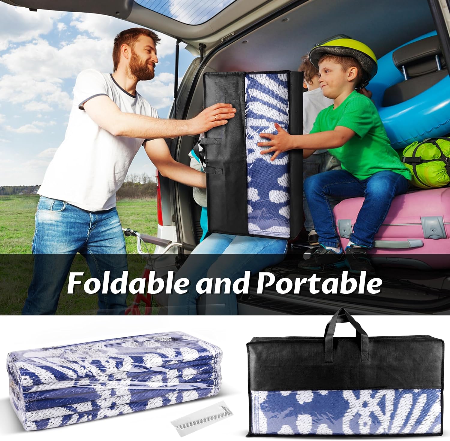 Pafolo Outdoor Rug Waterproof, 9'x12' Reversible Patio Rug with Lights, 4 Rug Stakes, Non Shedding, Easy Cleaning, Foldable Outside Mat for RV, Camping, Porch, Deck, Beach, Patio, Picnic, Blue&White