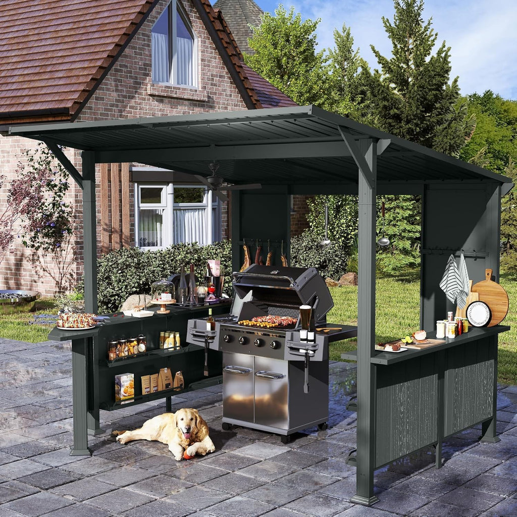 9x10FT Hardtop Grill Gazebo, Lean to Outdoor BBQ Shelter with Galvanized Steel Slanted Roof, Permanent Metal Grilling Station with Storage Shelves & Bar Platform for Patio (Gray, 9X10FT)