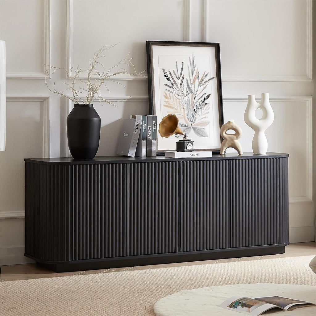 Fluted TV Stand for TVs Up to 75 Inch, Black Mid Century Modern TV Console for Living Room, Entertainment Center with Storage, Wood Media Console Cabinet with Rounded Corner