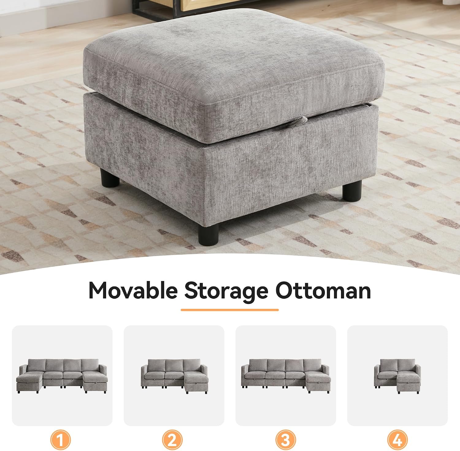 WUTUTUEE 25'Square Storage Ottoman Module for Modular Sectional Sofa, Living Room Coffee Table Sectional Ottoman Footrest for Convertible Couch, Chenille Light Grey