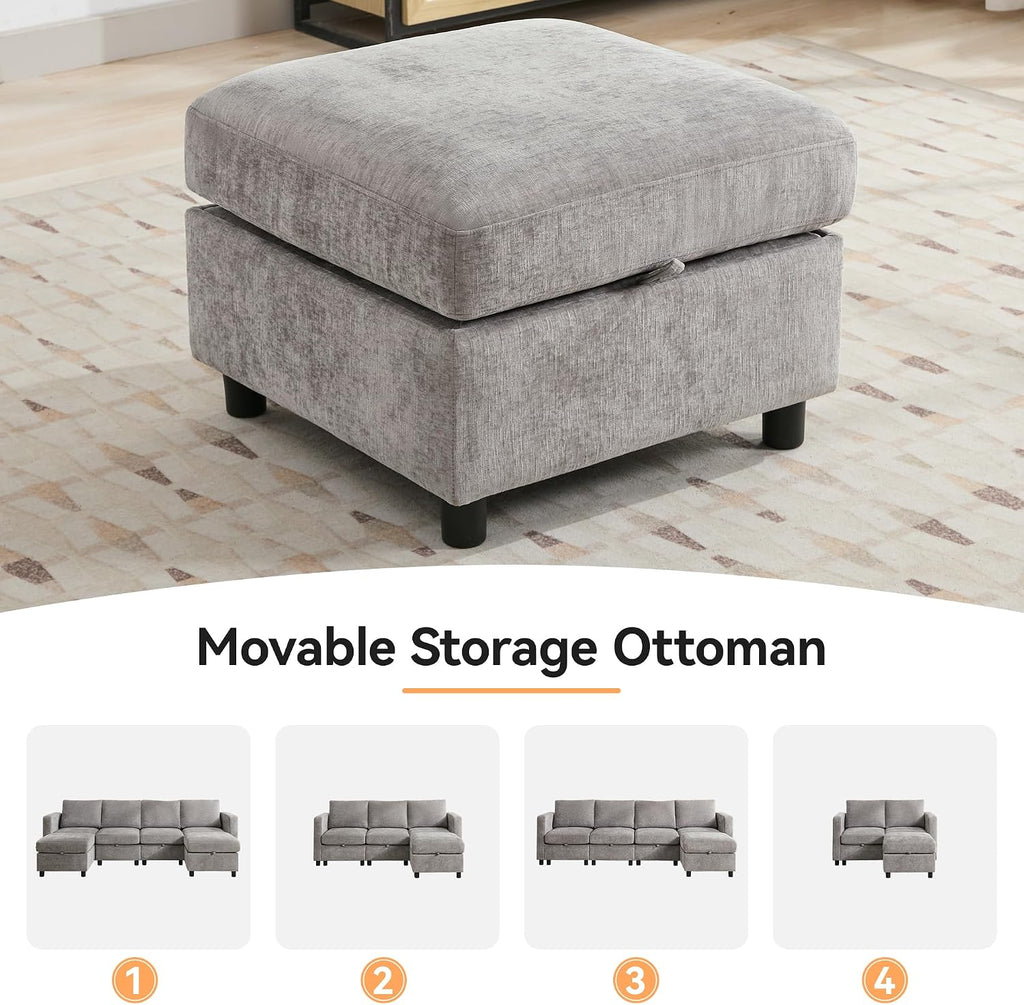 WUTUTUEE 58'Modular Sectional Loveseat Sofa with Storage, Comfy Office L Shaped Sofa Couch, Chenille Love Seat Modular Sectional Couch with Movable Ottoman for Living Room, Bedroom, Light Grey