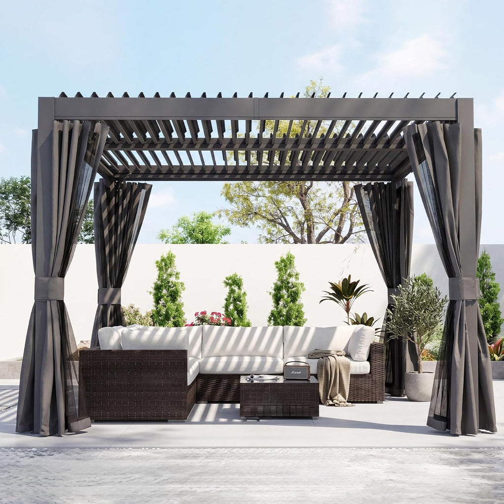 Domi 10x12FT Outdoor Louvered Pergola Full Aluminum Structure,Patio Pergola with Two Independently Adjustable Roof for Backyard, Sun Shade Gzebo with Gutter System for Garden Deck(Dark Gray)