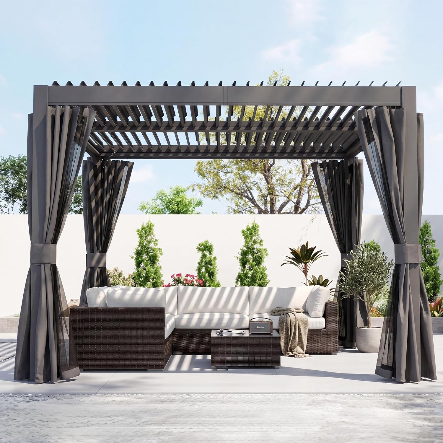 Domi 10x12FT Outdoor Louvered Pergola Full Aluminum Structure,Patio Pergola with Two Independently Adjustable Roof for Backyard, Sun Shade Gzebo with Gutter System for Garden Deck(Dark Gray)
