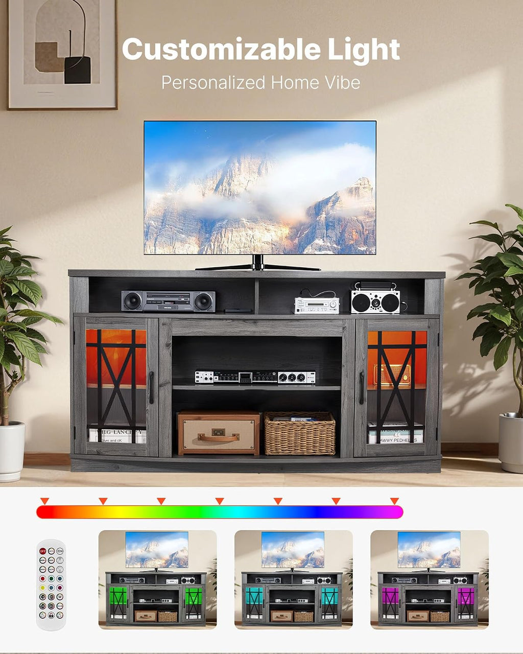 VEVOR Farmhouse TV Stand for 65 inch TVs, LED Entertainment Center with Glass Doors, Rustic Wood TV Cabinet with Adjustable Storage Shelves, Media Console for Living Room, Bedroom, Gray