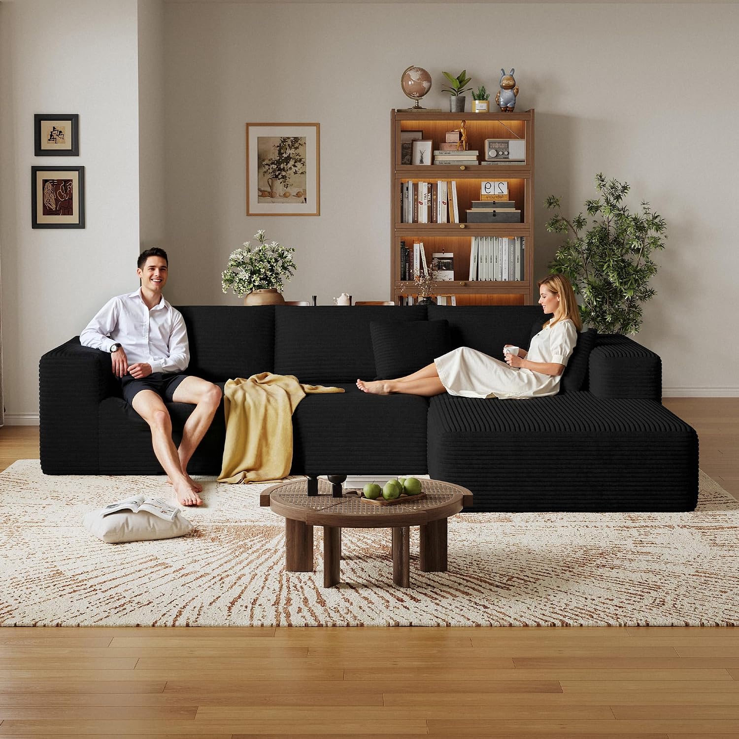 CHORRO108''Sectional Boneless Cloud Sofa,Modern Modular L-Shape Couch for Living Room,Corduroy Convertible Sponge Sleeper Sofas,Upholstered Lougne Chaise Couchs-with Soft Pillow (Black, Lshaped-Right)