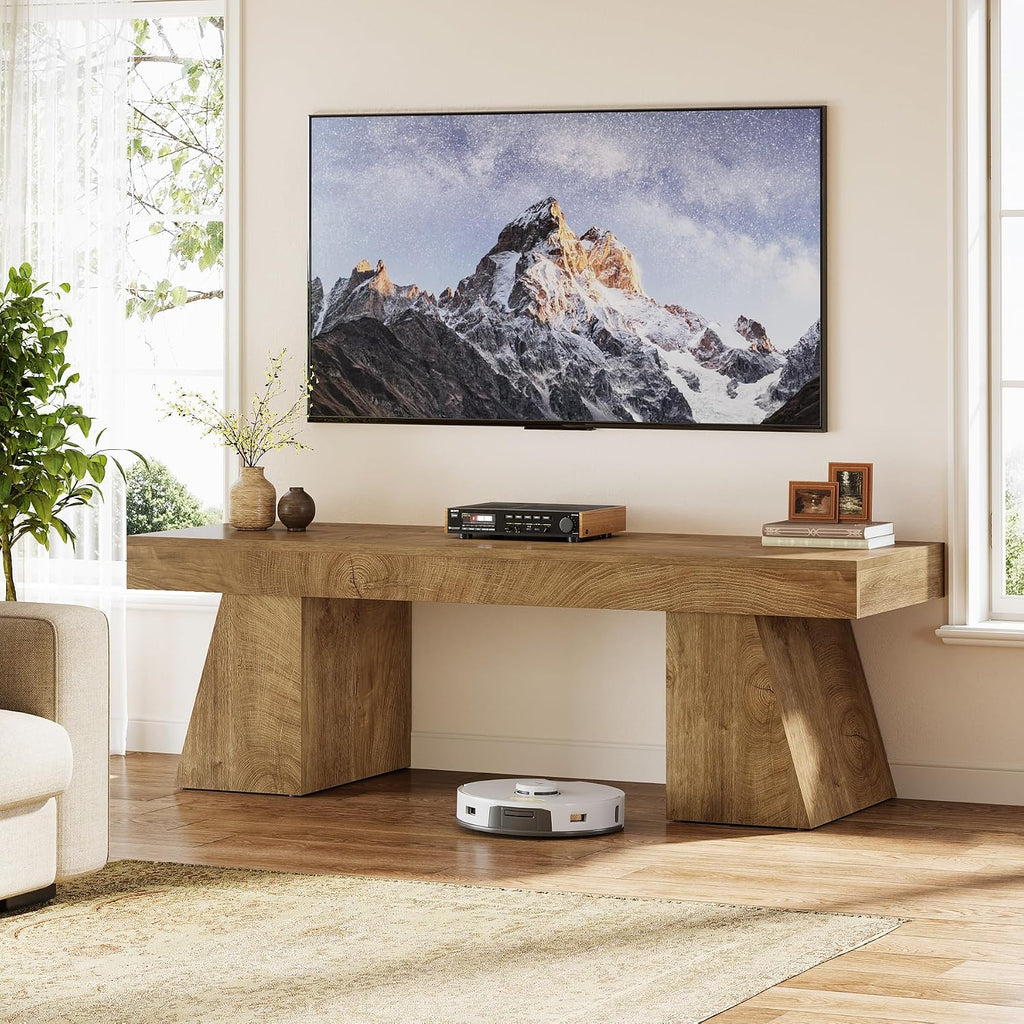 Tribesigns 63' TV Stand for 55/60/65/75-Inch TVs, Farmhouse Entertainment Center with Double Geometric Pedestal, Media Console Television Stands for Living Room, Bedroom, Natural