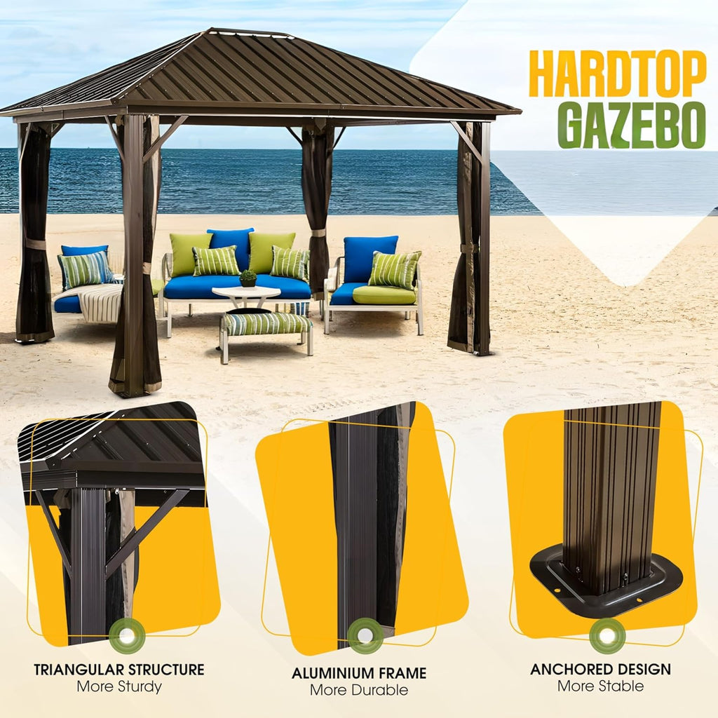 Galvanized Steel Hardtop Gazebo, Weather-Resistant Aluminum Frame Outdoor Shelter with Mesh Netting, Rustproof & UV Protection, Dark Brown (10' x 12')