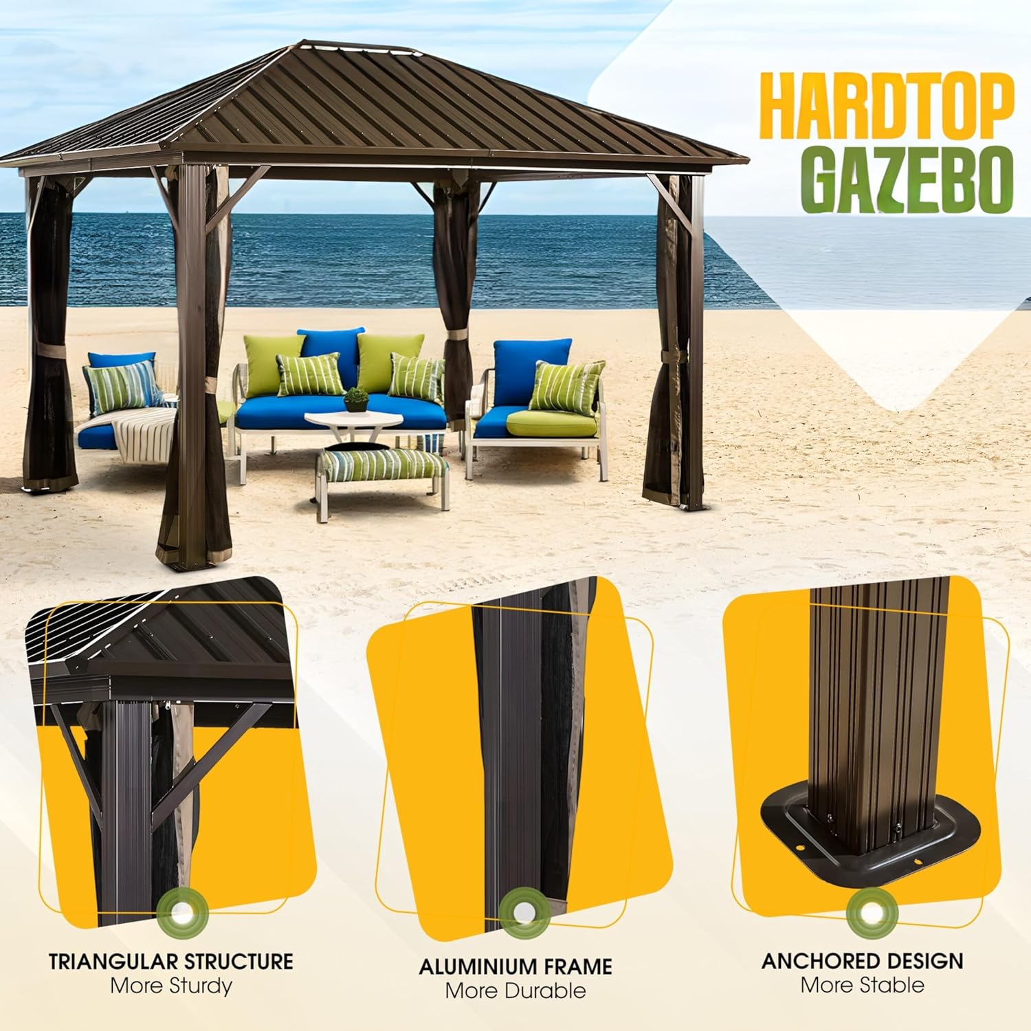 Galvanized Steel Hardtop Gazebo, Weather-Resistant Aluminum Frame Outdoor Shelter with Mesh Netting, Rustproof & UV Protection, Dark Brown (12' x 12')