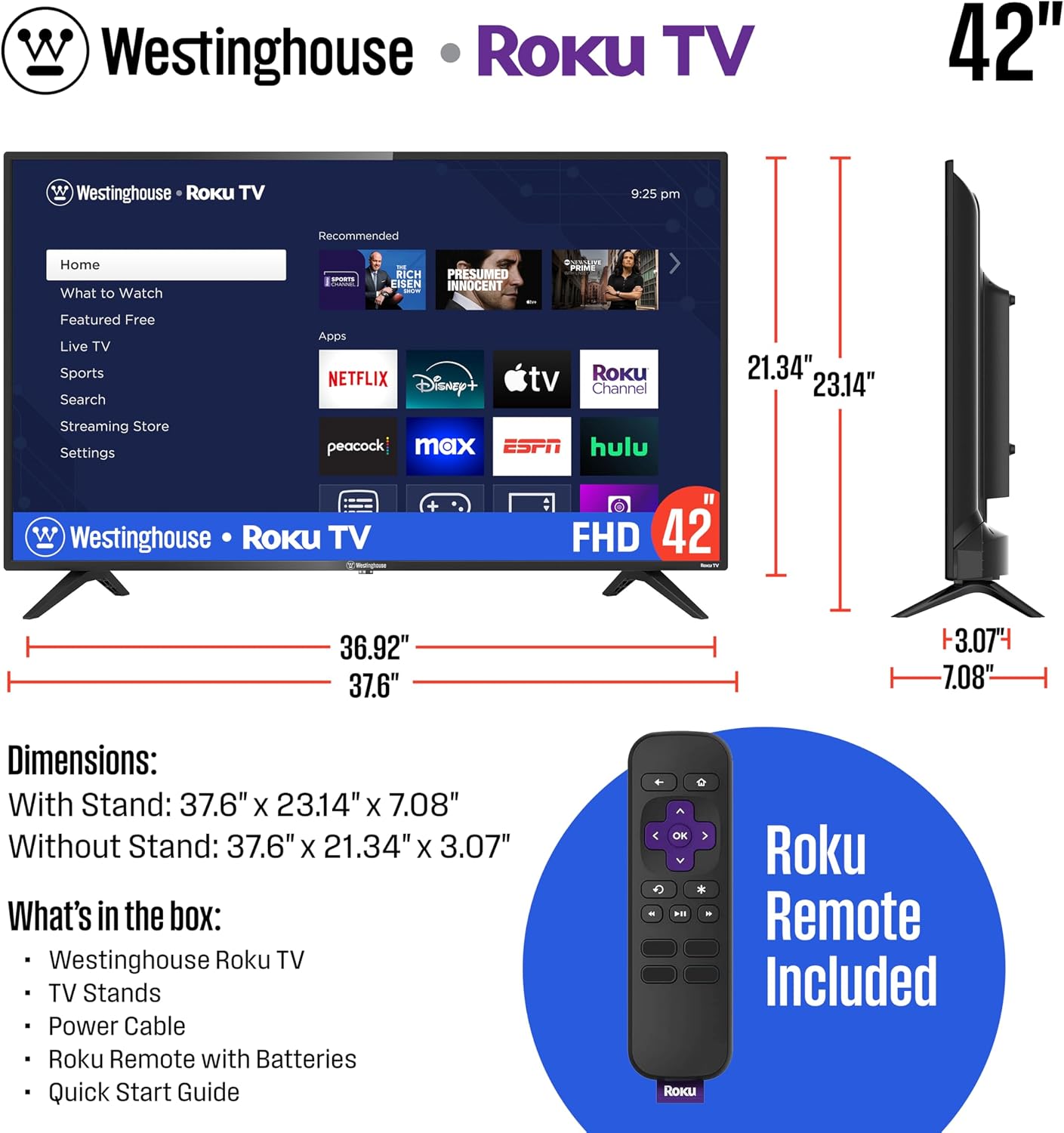 Westinghouse Roku TV - 42 Inch Smart TV, 1080P FHD Television with Wi-Fi Connectivity and Mobile App, Flat Screen, Bluetooth, Compatible with Apple AirPlay, Alexa and Google Assistant