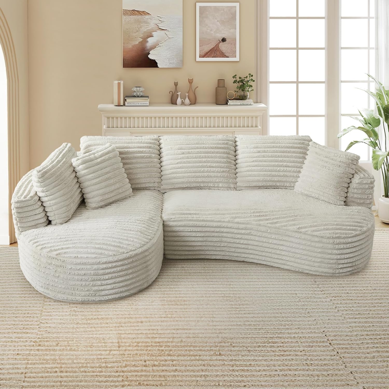 120'W Oversized Modern Curved Cloud Couch,Corduroy Modular Sectional Sofa with Chaise, L Shaped Boneless Couch, Compression Foam Sofa for Living Room Bedroom, No Assembly Required(Left Facing, Cream)