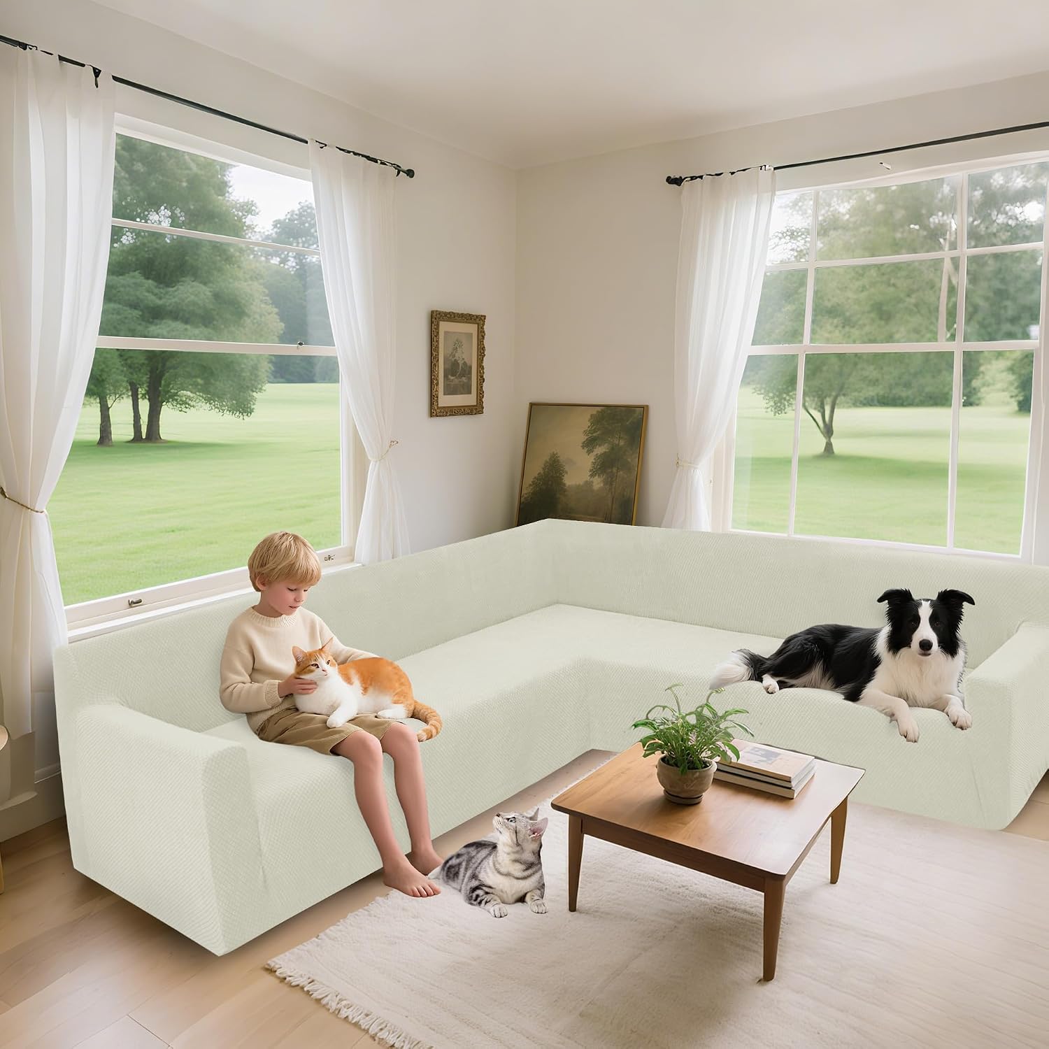 Arfntevss Stretch Sectional Couch Covers L Shaped Corner Sectional Sofa Cover Washable Jacquard Soft Fleece U Shape Sofa Slipcovers Anti Slip Furniture Protector for Dogs Pets (Small, Cream)