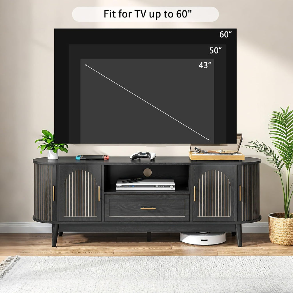 63' Fluted TV Stand for Tvs up to 70', Mid-Century Modern Entertainment Center with Drawers and Fluted Doors, Curved TV Media Console Table with Sliding Doors for Living Room, Bedroom (63' Black)