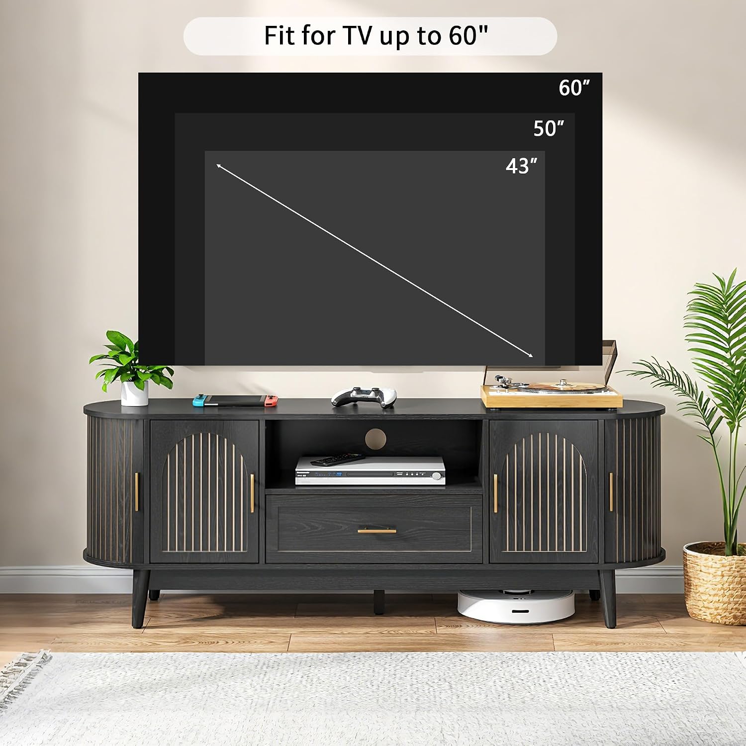 63' Fluted TV Stand for Tvs up to 70', Mid-Century Modern Entertainment Center with Drawers and Fluted Doors, Curved TV Media Console Table with Sliding Doors for Living Room, Bedroom (63' Black)