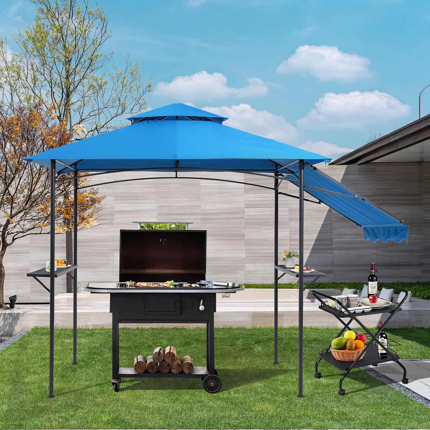 COBANA Grill Gazebo 8'x 5' Outdoor Patio Backyard BBQ Grill Shelter with Side Awning, Double Tiered Soft Canopy Top with Steel Frame and Bar Counters, Blue