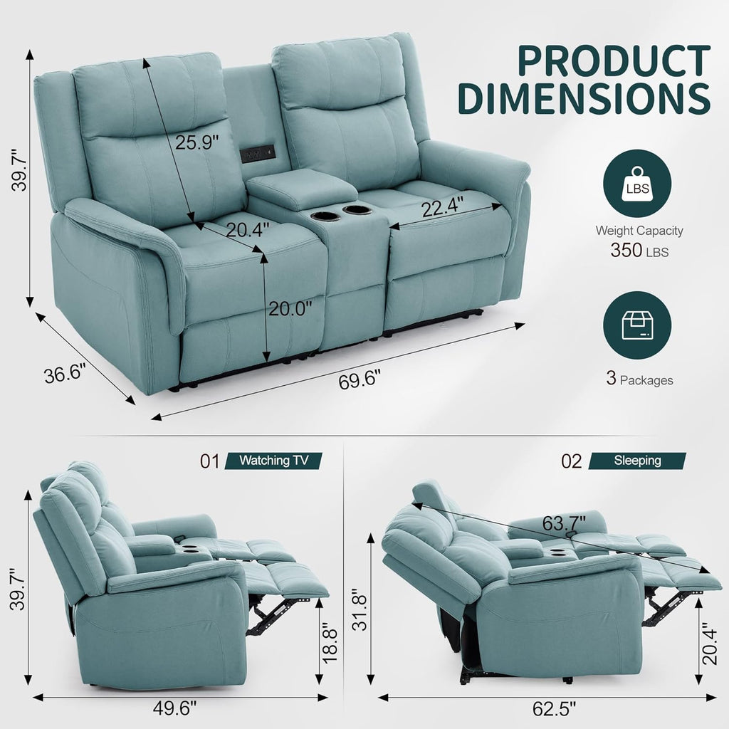 Korser Loveseat Recliner Sofa, Reclining Loveseat Couch, Reclining Couch with Console, USB Port, US Outlets, and Cup Holders, 2-Seater Sofa for Living Room