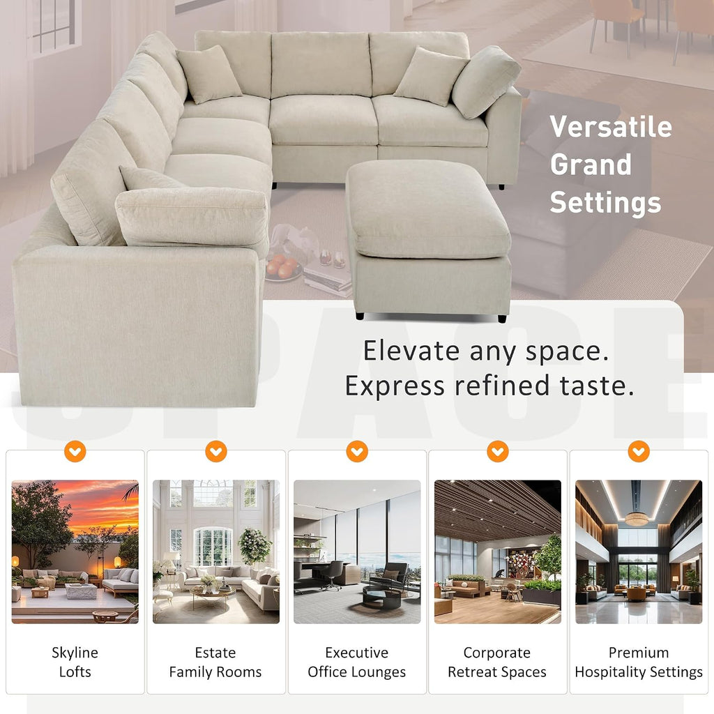 LUMISOL 124.8' Sectional Sofa with Ottoman for Living Room, Oversized L Shaped Couch, Modular Combination Corner Sofa for Spacious Space Office Apartment, Beige