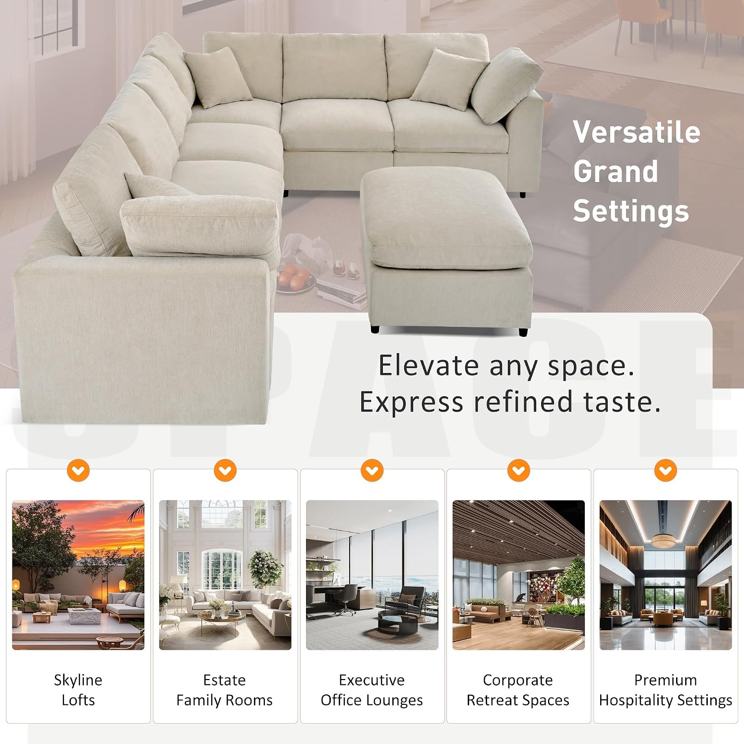 LUMISOL 124.8' Sectional Sofa with Ottoman for Living Room, Oversized L Shaped Couch, Modular Combination Corner Sofa for Spacious Space Office Apartment, Beige