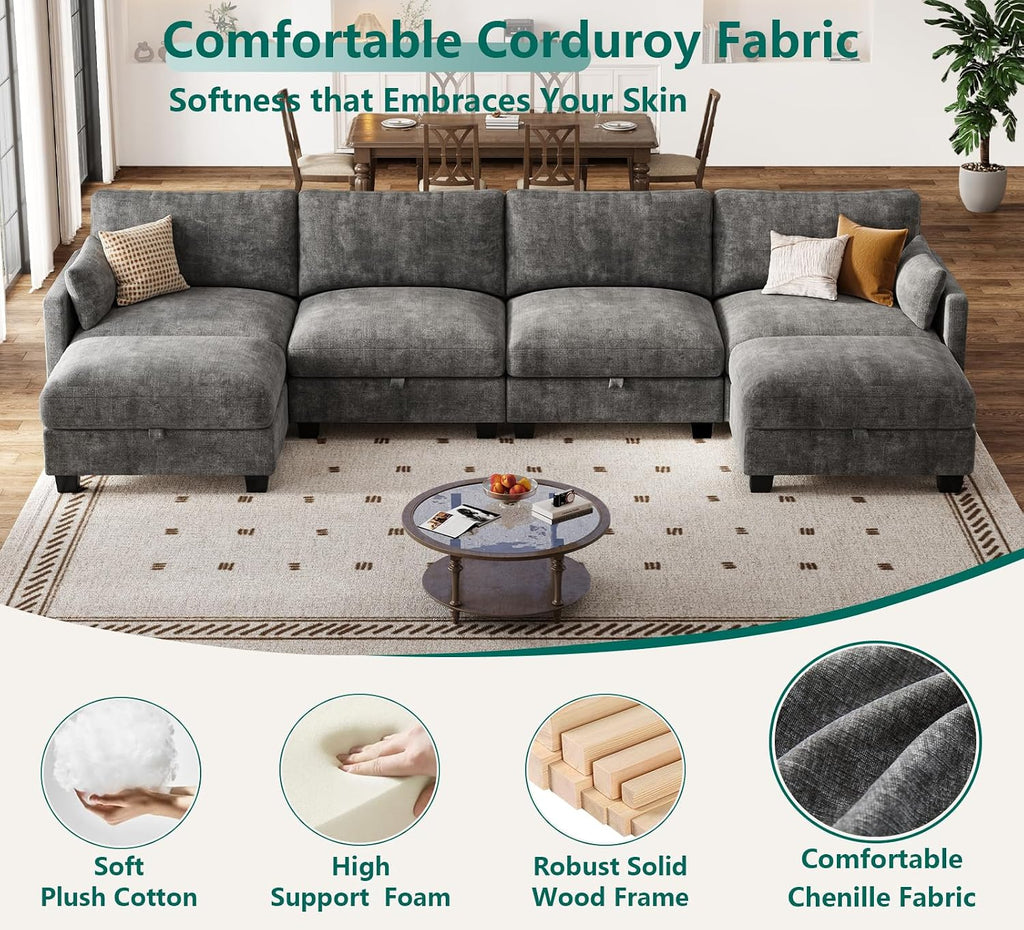 Modular Sectional U Shaped Sofa Couches for Living Room, Cloud Couch with Storage Ottoman, Comfy Chenille Sofa with Pillow, Dark Gray | Comfort, Ease of assembly, Softness, Good Quality, Storage Capacity, Sturdiness