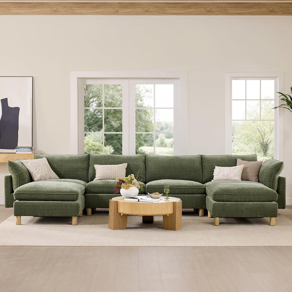 CHITA 127' Super Large Sectional Couches for Living Room, Modular Cloud Couch Sectional Sofa, Premium Fabric Couches, Down Filled, High Density Foam, Chenille in Green, 4 Seat L Shaped