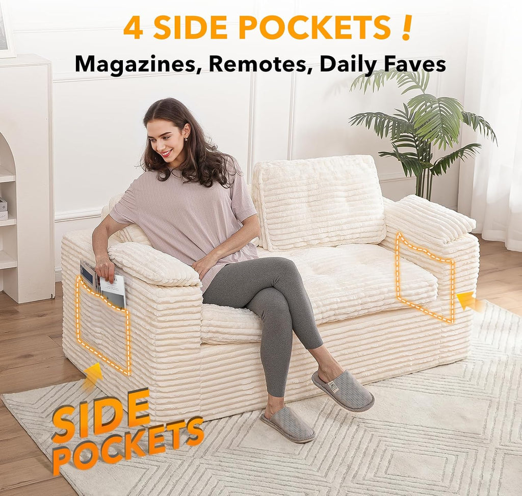 Boneless Loveseat, 2 Seater Deep Seat Loveseat Sofa with Wide‑Wale Corduroy for Small Spaces & Living Room, 60' Width, No Assembly, Washable Cover, Beige