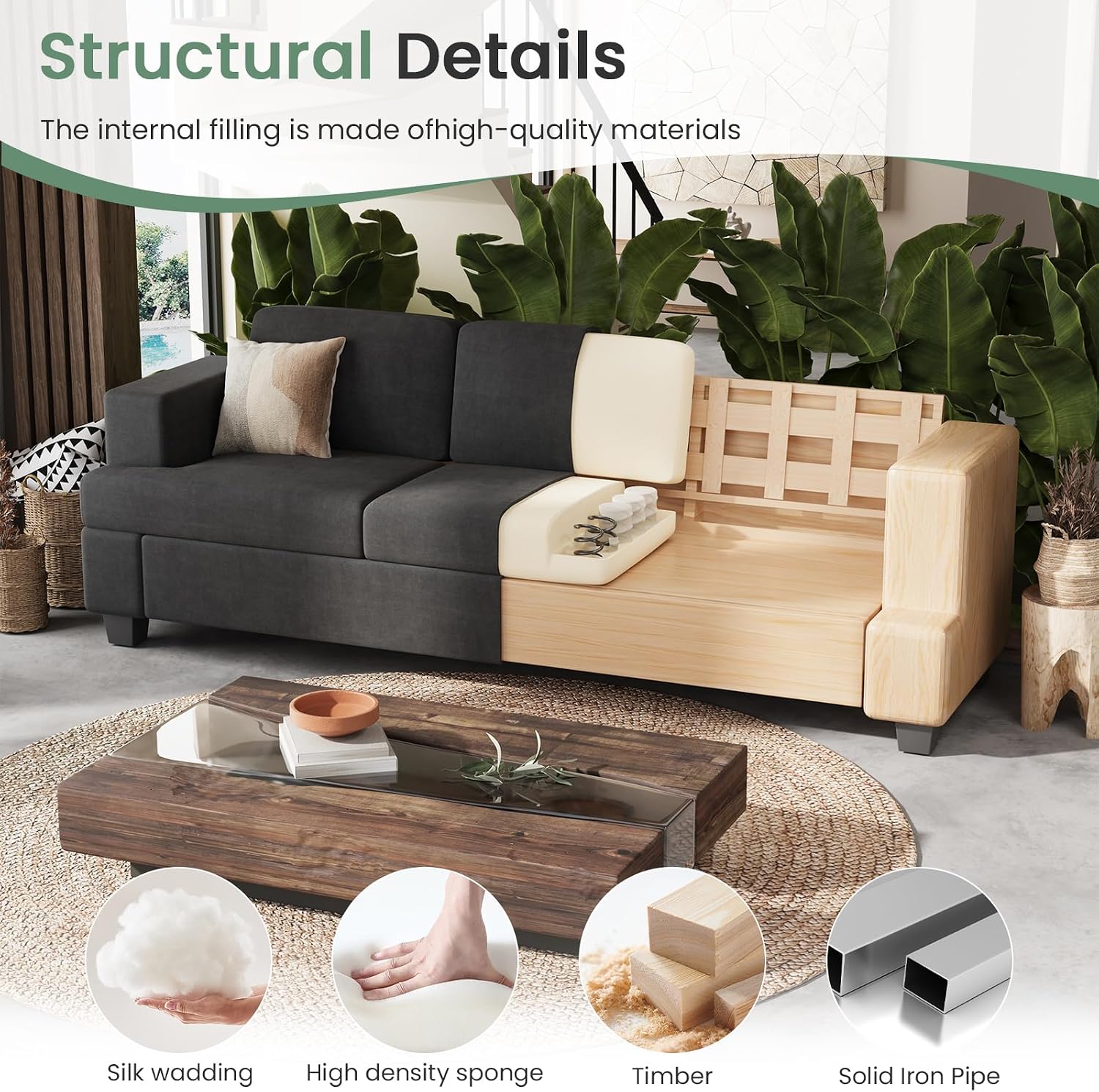 YOUDENOVA 2 Piece Set Comfy Sofa Couch, 3 Seater & Loveseat Sofa with Deep Seats, Modern Sleeper Couch for Living Room, Dark Grey Chenille