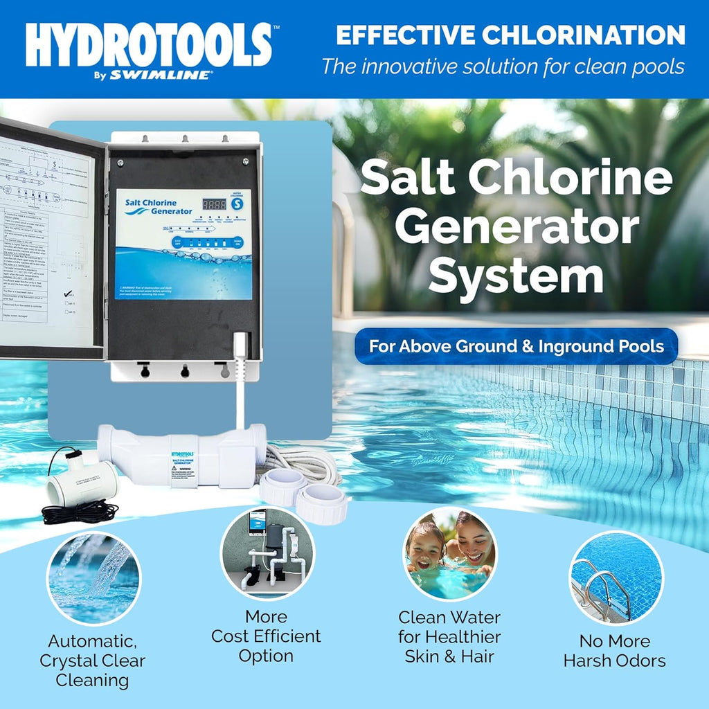 HYDROTOOLS By SWIMLINE 87625 Salt Water Chlorine Generator System For Pools Up To 25K Gallons, 13 Titanium Plates 1.6 Lbs CL Output, Universal Compatibility Easy Install Above & Inground Swimming Pool